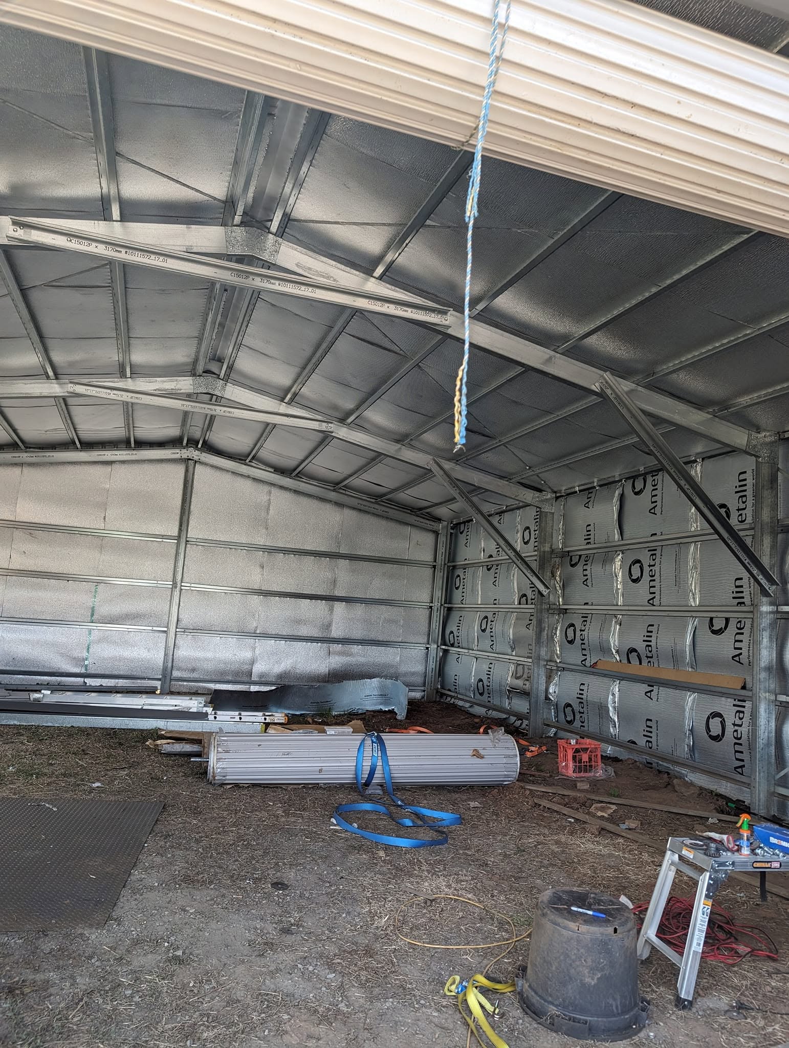 Inside the same shed once the wall and roof sheeting was on